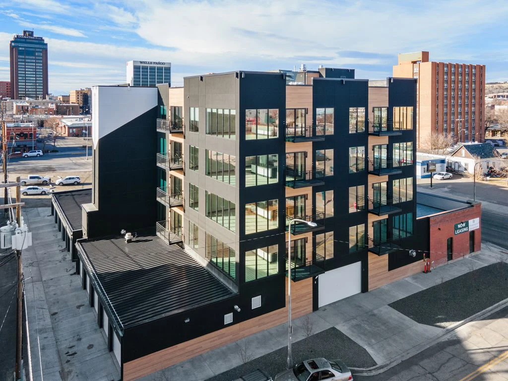 Elevated exterior view of Old Town Flats and downtown Billings